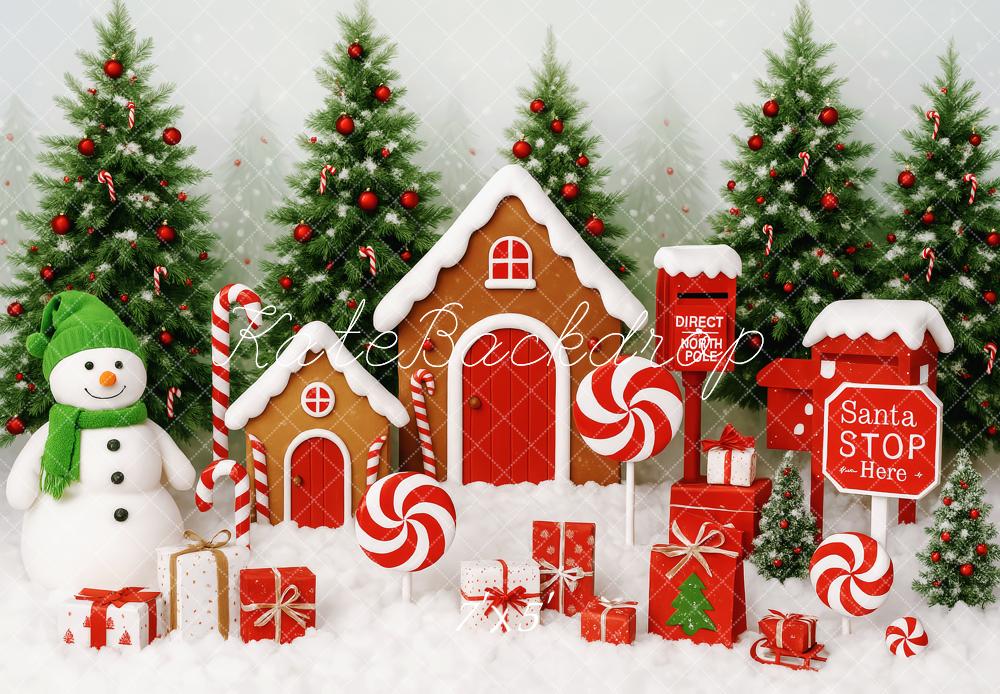 Kate Weihnachten Lebkuchenhaus Schneemann Rot Hintergrund Entworfen von Patty Roberts - Kate Backdrop.de