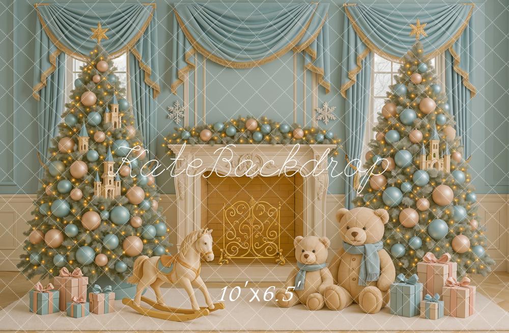 Kate Weihnachten Kamin Teddybär Pastell Hintergrund Entworfen von Ashley Paul - Kate Backdrop.de