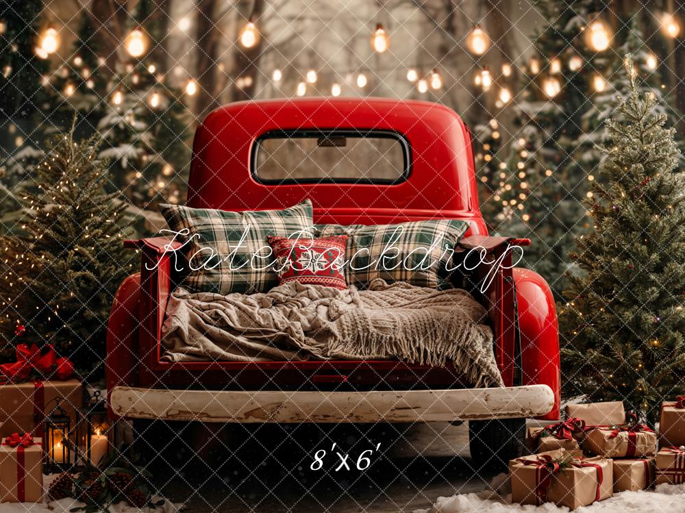 Kate Weihnachten Roter Pickup Tannenbäume Wald Fleece Hintergrund Entworfen von Emetselch - Kate Backdrop.de