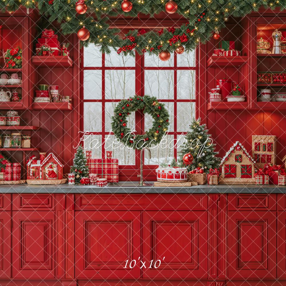 Kate Weihnachten Küche Lebkuchenhaus Rot Hintergrund Entworfen von Emetselch - Kate Backdrop.de