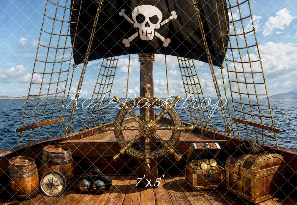 Kate Piraten Schiff Schatztruhe Schwarz Gold Hintergrund Entworfen von Emetselch