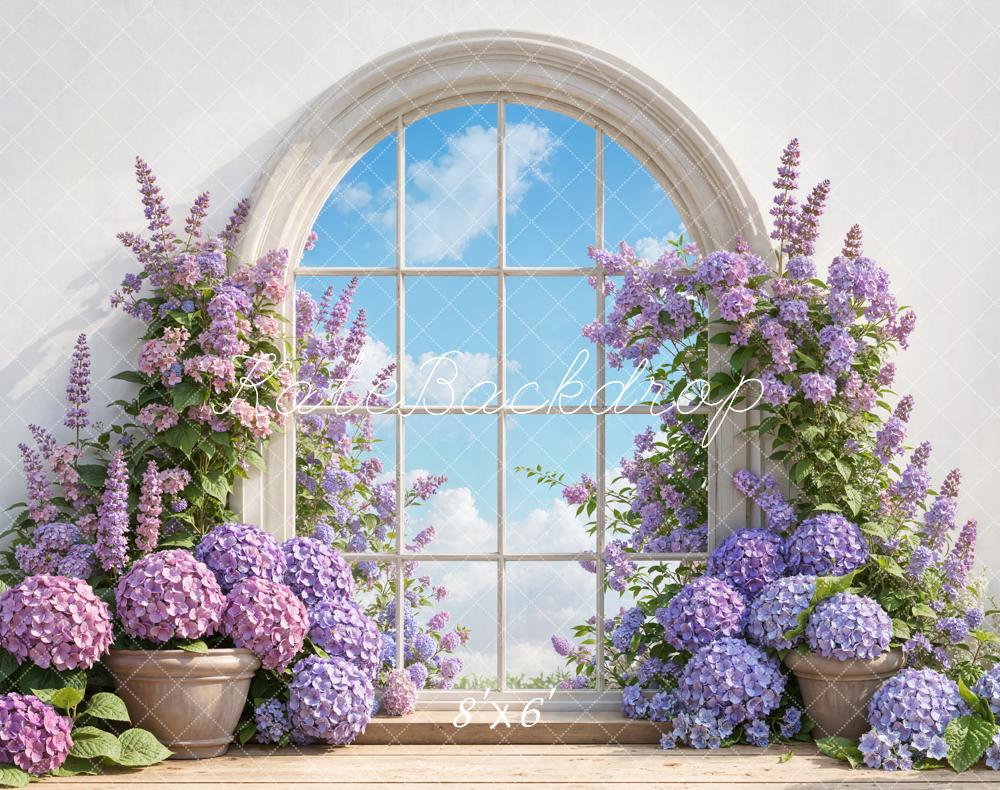 Kate Frühling Fensterbogen Hortensien Lila Fleece Hintergrund Entworfen von Emetselch - Kate Backdrop.de