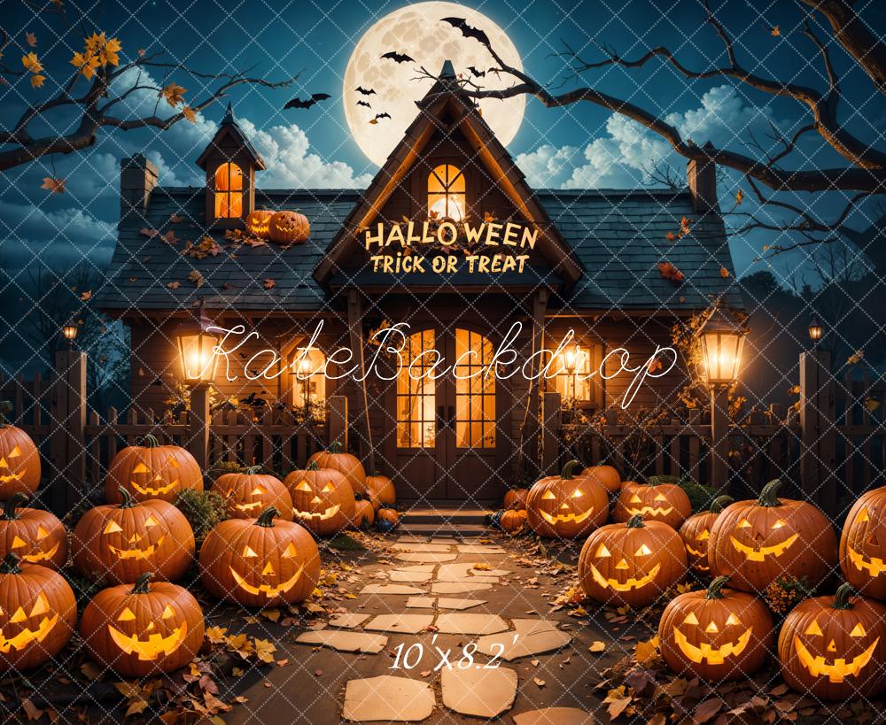 Kate Halloween Kürbisse Haus Nacht Hintergrund Entworfen von Emetselch - Kate Backdrop.de