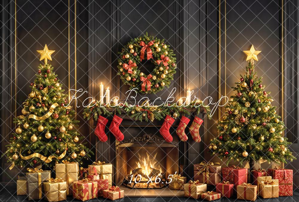 Kate Weihnachten Kamin Tannenbaum Gold Fleece Hintergrund Entworfen von Emetselch - Kate Backdrop.de