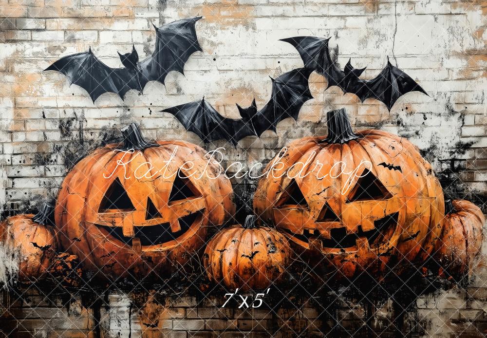 Kate Halloween Kürbisse Fledermäuse Backsteinwand Hintergrund Entworfen von Patty Roberts - Kate Backdrop.de