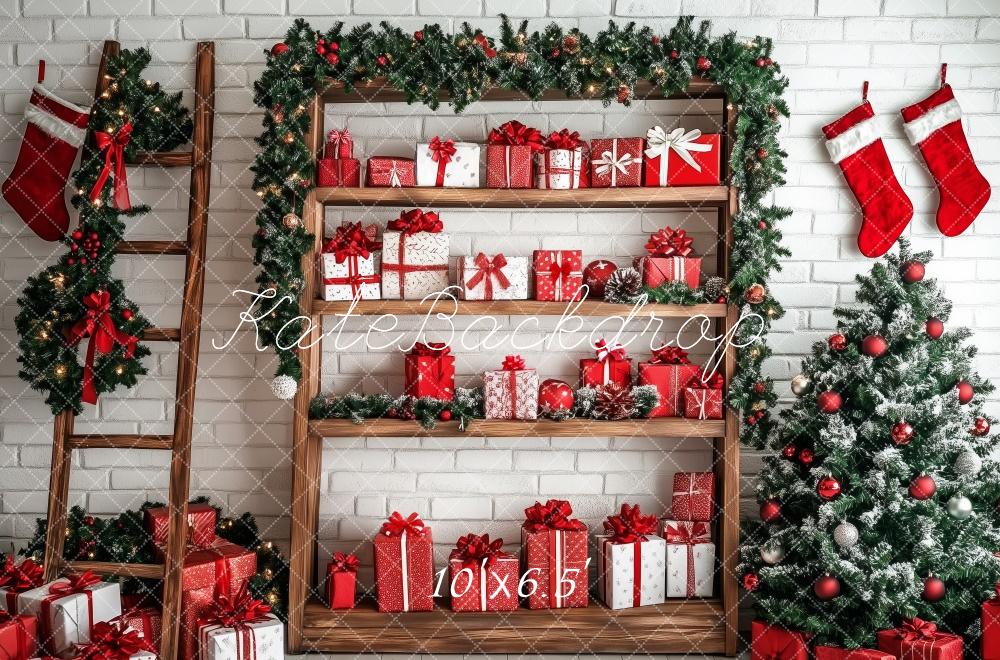 Kate Weihnachten Geschenke Regal Tannenbaum Hintergrund Entworfen von Patty Roberts - Kate Backdrop.de