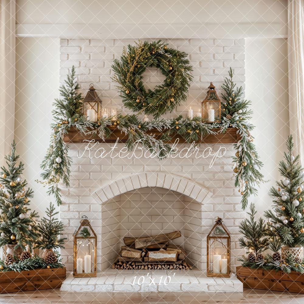 Kate Weihnachten Kamin Tannenzweige Weiß Hintergrund Entworfen von Emetselch - Kate Backdrop.de