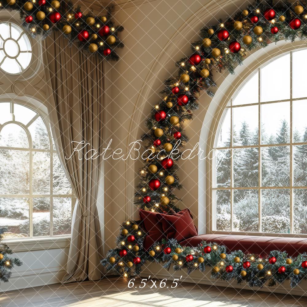 Kate Weihnachten Fenster Tannenzweige Rot Gold Hintergrund Entworfen von Mini MakeBelieve - Kate Backdrop.de