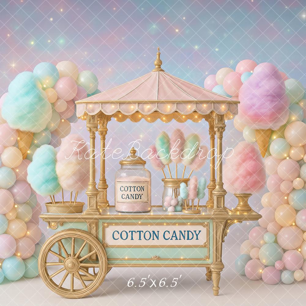 Kate Geburtstag Zuckerwattewagen Ballons Pastell Hintergrund Entworfen von Ashley Paul - Kate Backdrop.de