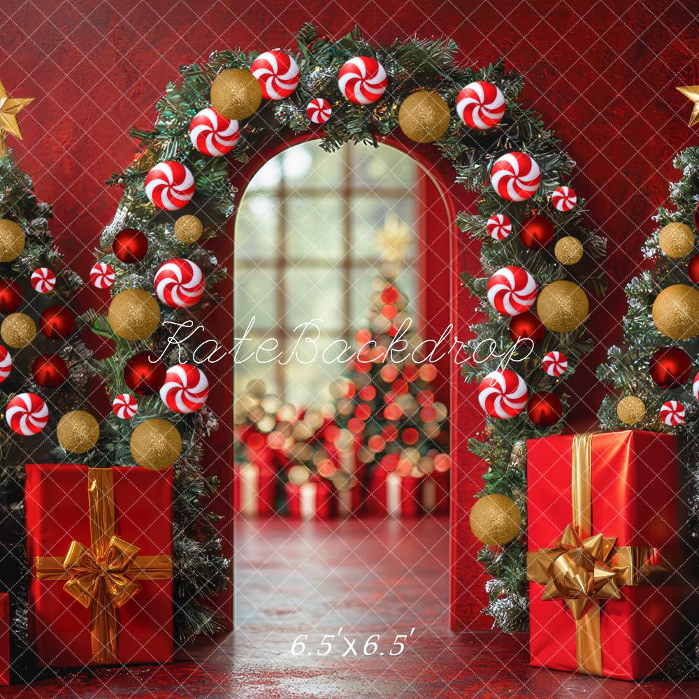 Kate Weihnachten Geschenke Tannenzweige Rot Hintergrund Entworfen von Mini MakeBelieve - Kate Backdrop.de