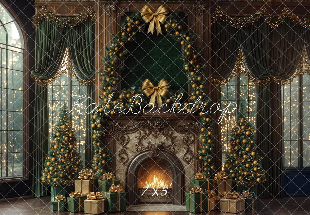 Kate Weihnachten Kamin Weihnachtsbaum Goldgrün Hintergrund Entworfen von Mini MakeBelieve - Kate Backdrop.de