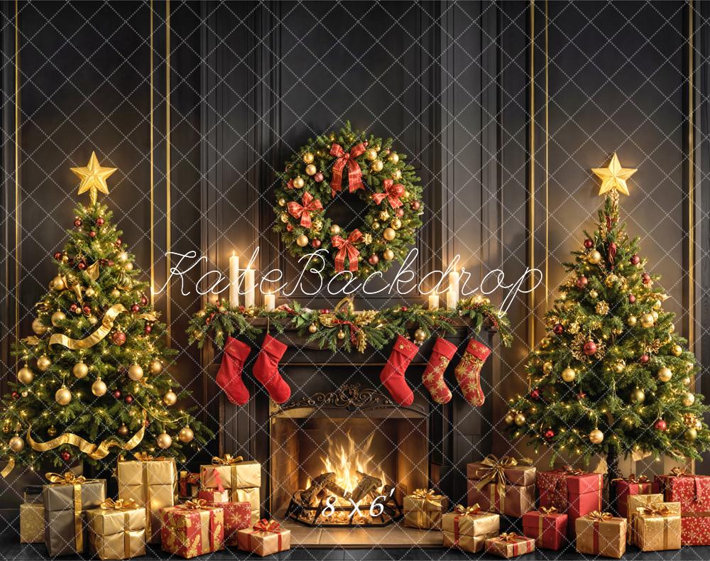 Kate Weihnachten Kamin Tannenbaum Gold Fleece Hintergrund Entworfen von Emetselch - Kate Backdrop.de