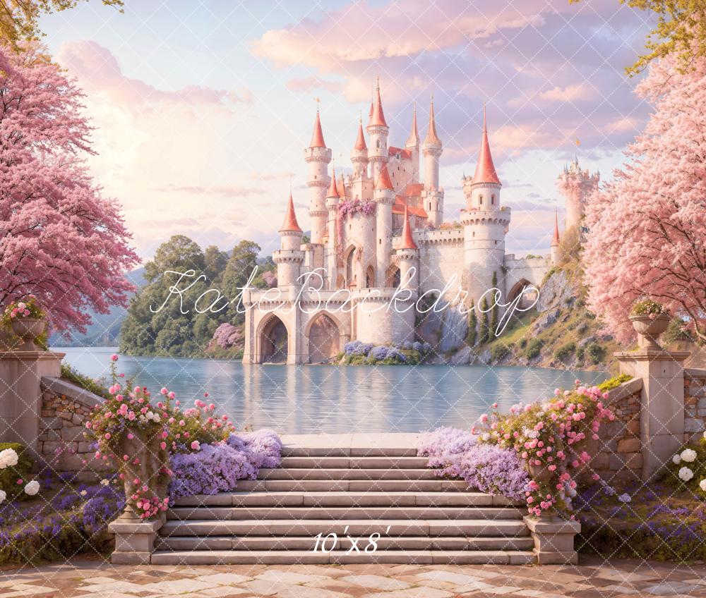 Kate Fairy Fantasy Schloss See Rosa Fleece Hintergrund Entworfen von Emetselch - Kate Backdrop.de