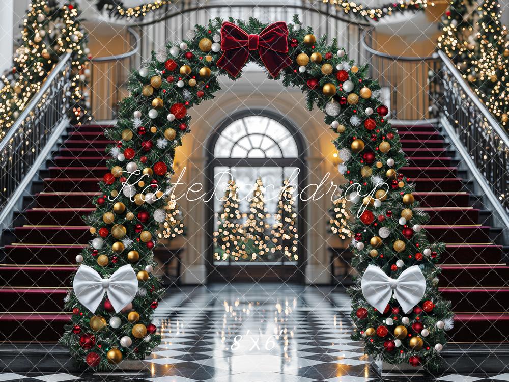 Kate Weihnachten Bogen Treppe Rot Gold Hintergrund Entworfen von Mini MakeBelieve - Kate Backdrop.de