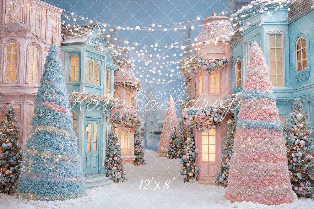 Kate Weihnachten Pastell Häuser Bäume Hintergrund Entworfen von Ashley Paul