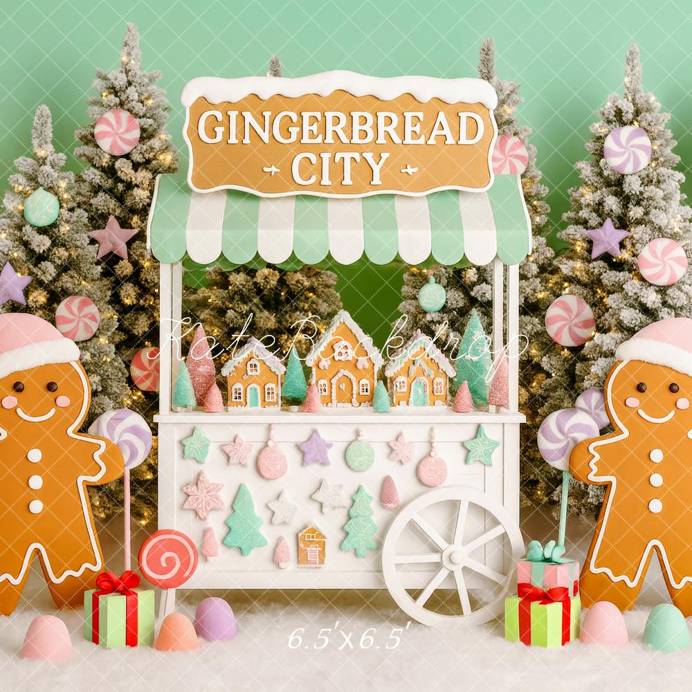 Kate Weihnachten Lebkuchenhaus Tannen Pastell Hintergrund Entworfen von Patty Roberts - Kate Backdrop.de