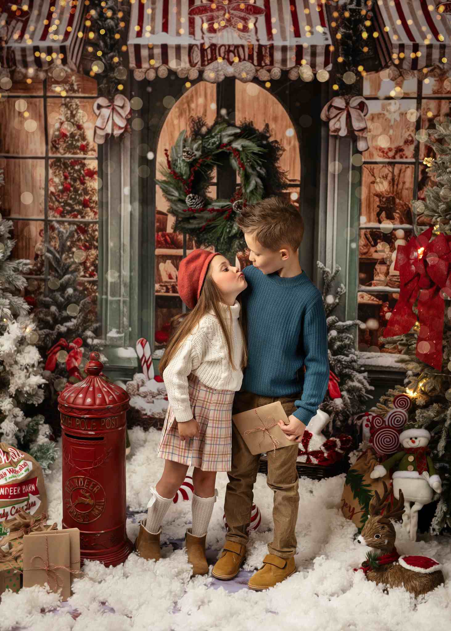 Kate Weihnachten Geschenk-Shop im Schnee Hintergrund für die Fotografie