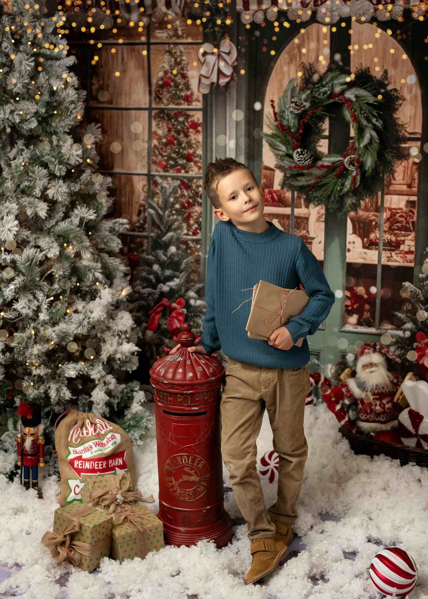 Kate Weihnachten Geschenk-Shop im Schnee Hintergrund für die Fotografie