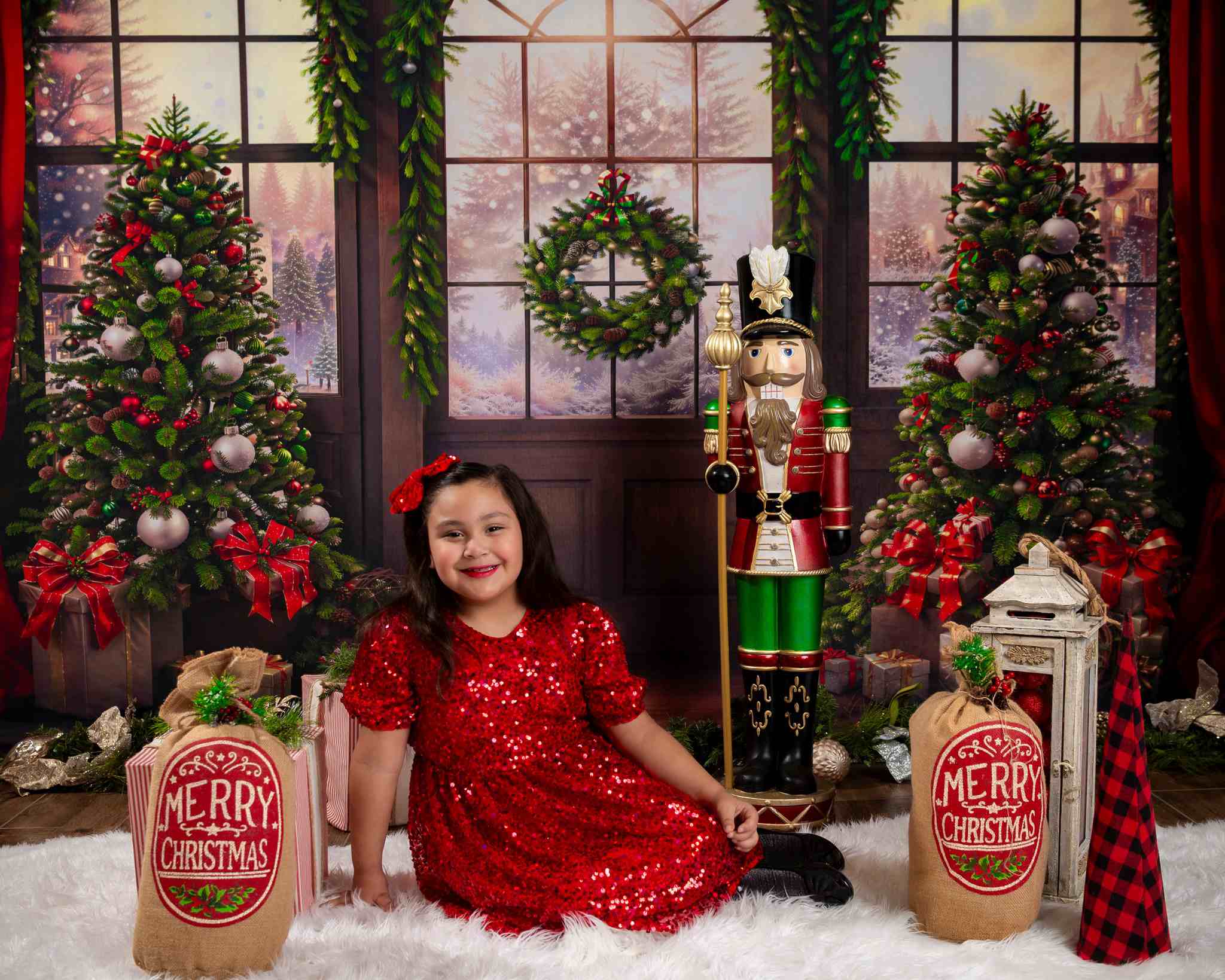Kate Weihnachten - Baum Fenster Rot Vorhang Hintergrund von Chain Photography - Kate Backdrop.de