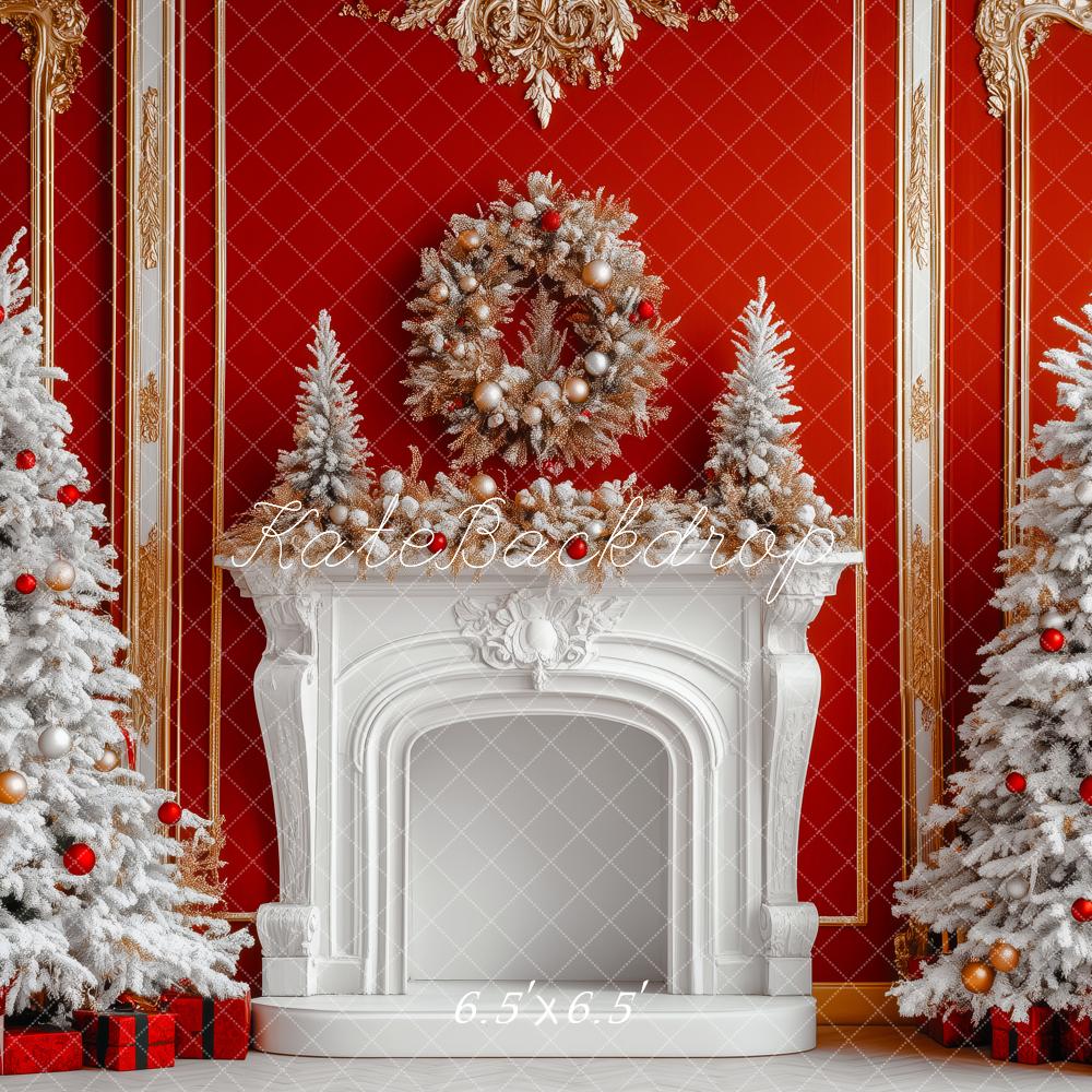 Kate Weihnachten Kamin Schneebäume Rot Hintergrund Entworfen von Patty Roberts