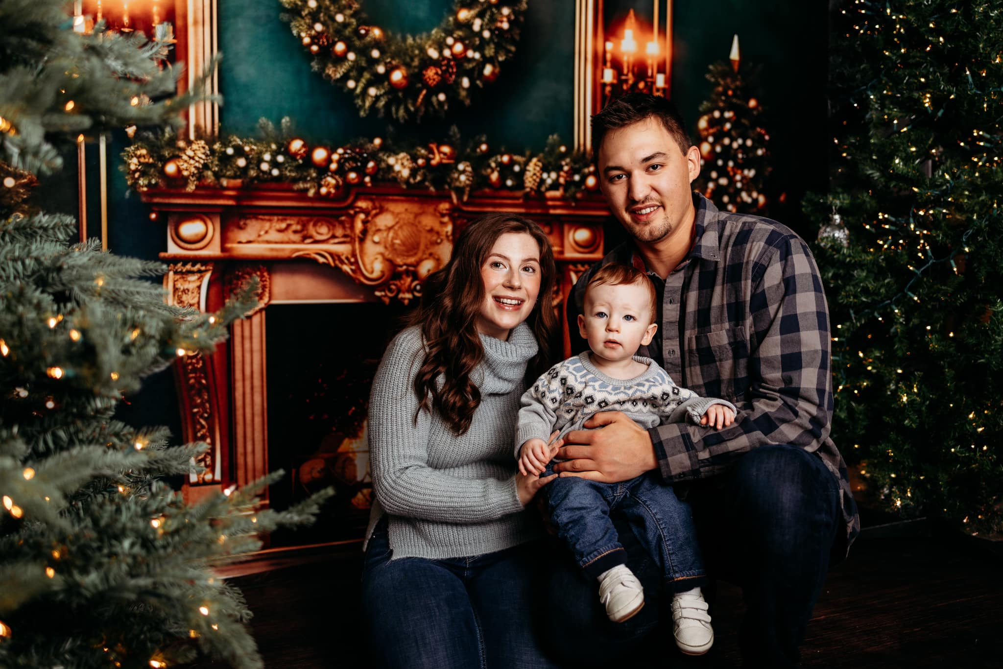 Kate Weihnachten Grüne Wand Goldener Kamin Hintergrund für Fotografie - Kate Backdrop.de