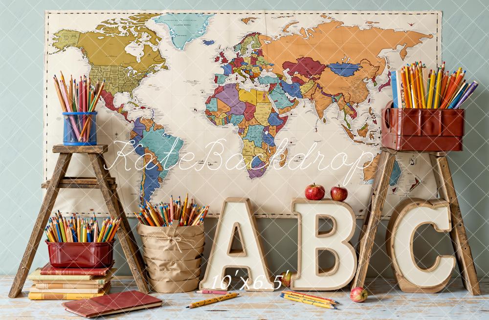 Kate Zurück Zur Schule Weltkarte Buchstaben Vintage Fleece Hintergrund Entworfen von Emetselch - Kate Backdrop.de