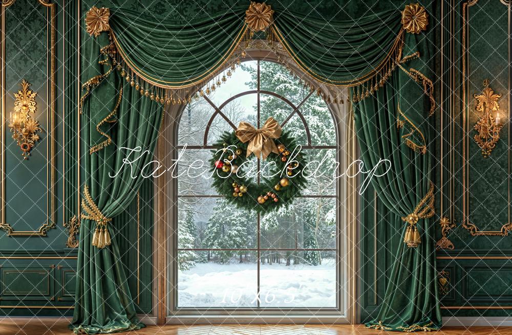 Kate Weihnachten Fenster Kranz Grün Fleece Hintergrund Entworfen von Emetselch - Kate Backdrop.de