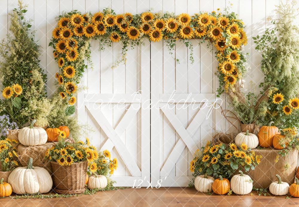 Kate Herbst Sonnenblumen Kürbisse Weiß Fleece Hintergrund Entworfen von Emetselch - Kate Backdrop.de