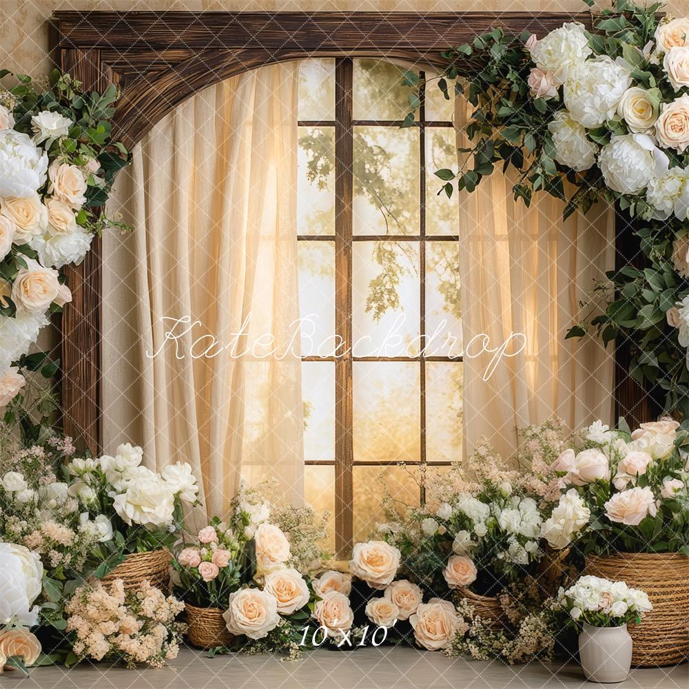 Kate Hochzeit Fenster Blumen Creme Hintergrund Entworfen von Mini MakeBelieve - Kate Backdrop.de