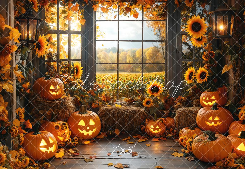 Kate Halloween Kürbisse Sonnenblumen Fenster Hintergrund Entworfen von Emetselch