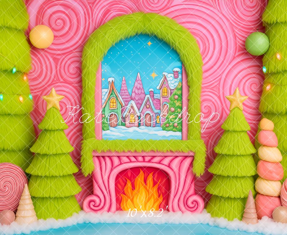Kate Weihnachten Kamin Lebkuchenhaus Süßigkeiten Pink Hintergrund Entworfen von Patty Roberts - Kate Backdrop.de