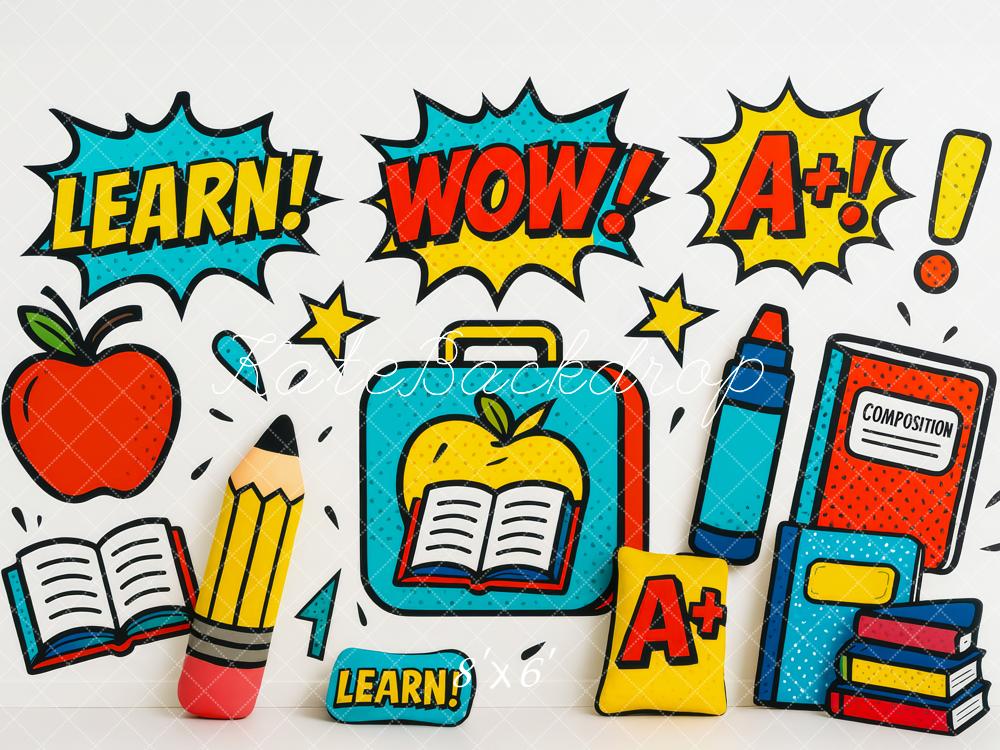 Kate Zurück zur Schule Comic Bücher Apfel Hintergrund Entworfen von Patty Roberts - Kate Backdrop.de
