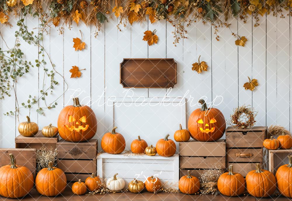Kate Halloween Kürbisse Herbstlaub Rustikal Hintergrund Entworfen von Emetselch