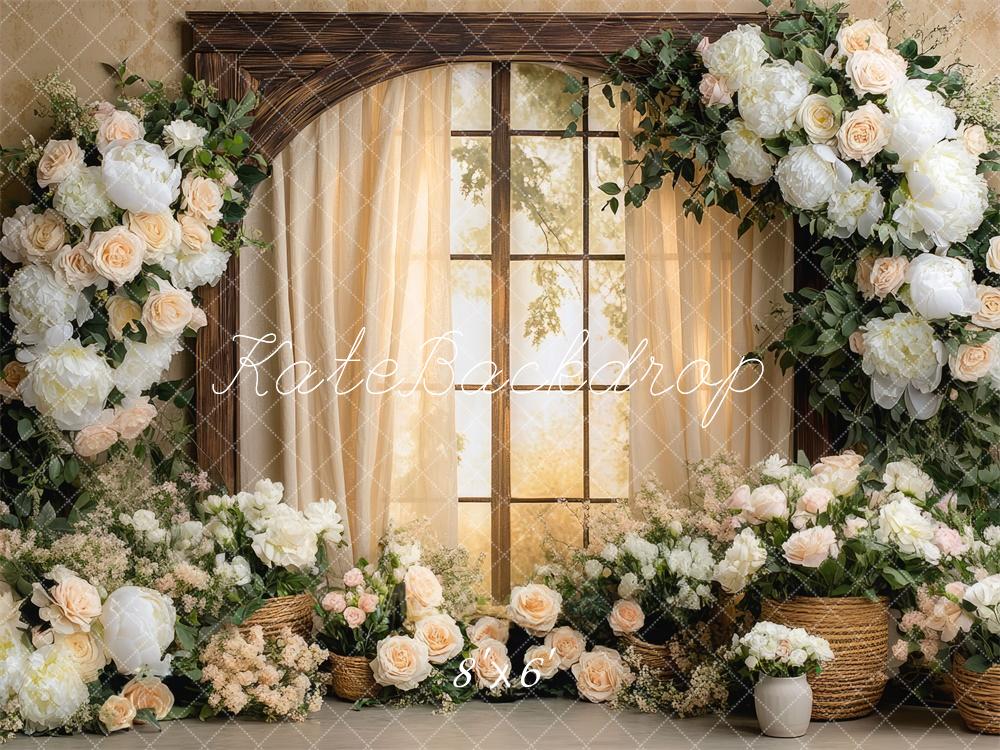 Kate Hochzeit Fenster Blumen Creme Hintergrund Entworfen von Mini MakeBelieve - Kate Backdrop.de