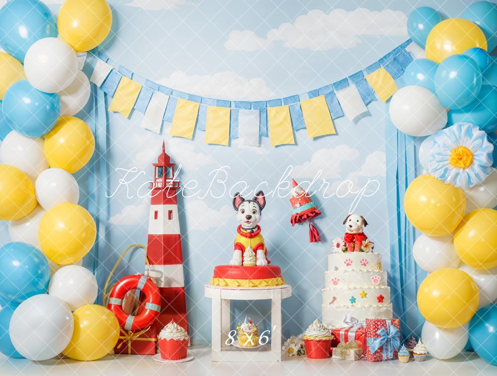 Kate Geburtstag Hund Leuchtturm Ballons Bunt Hintergrund Entworfen von Emetselch - Kate Backdrop.de