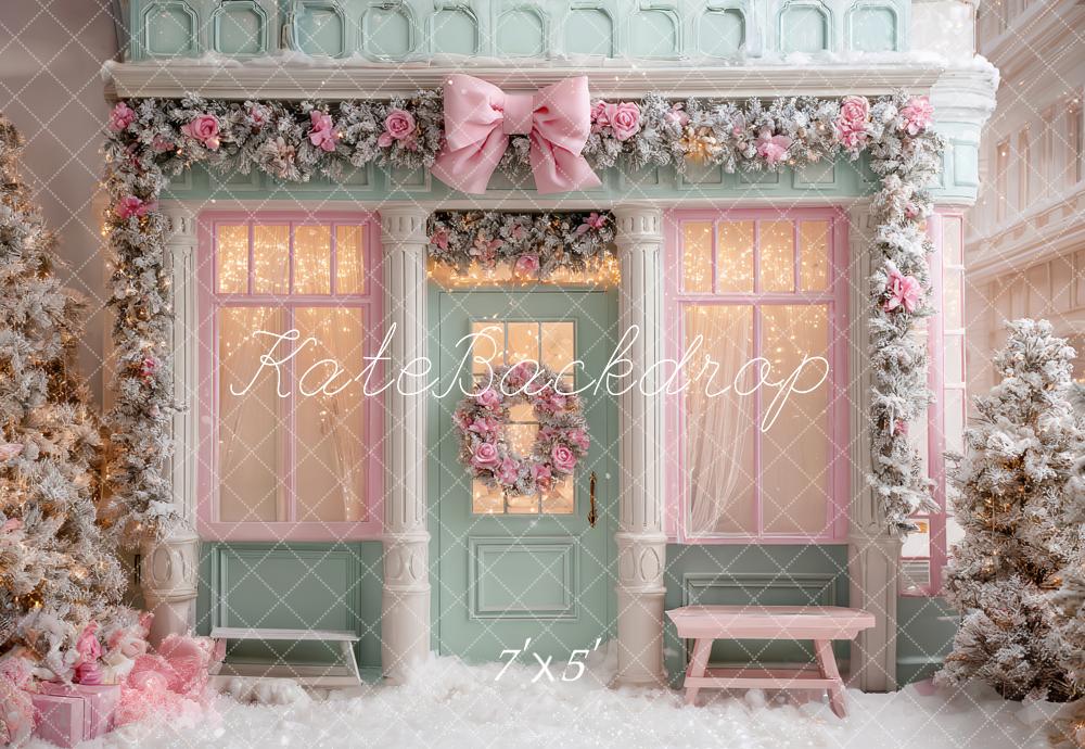 Kate Weihnachten Pastell Geschäft Fassade Rosa Hintergrund Entworfen von Ashley Paul