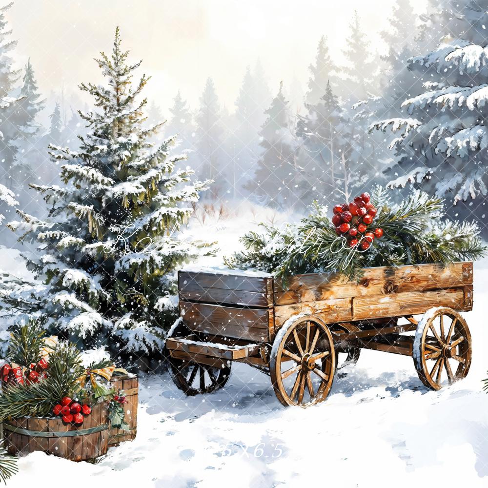 Kate Weihnachten Winterwald Holzschlitten Vintage Hintergrund Entworfen von Emetselch