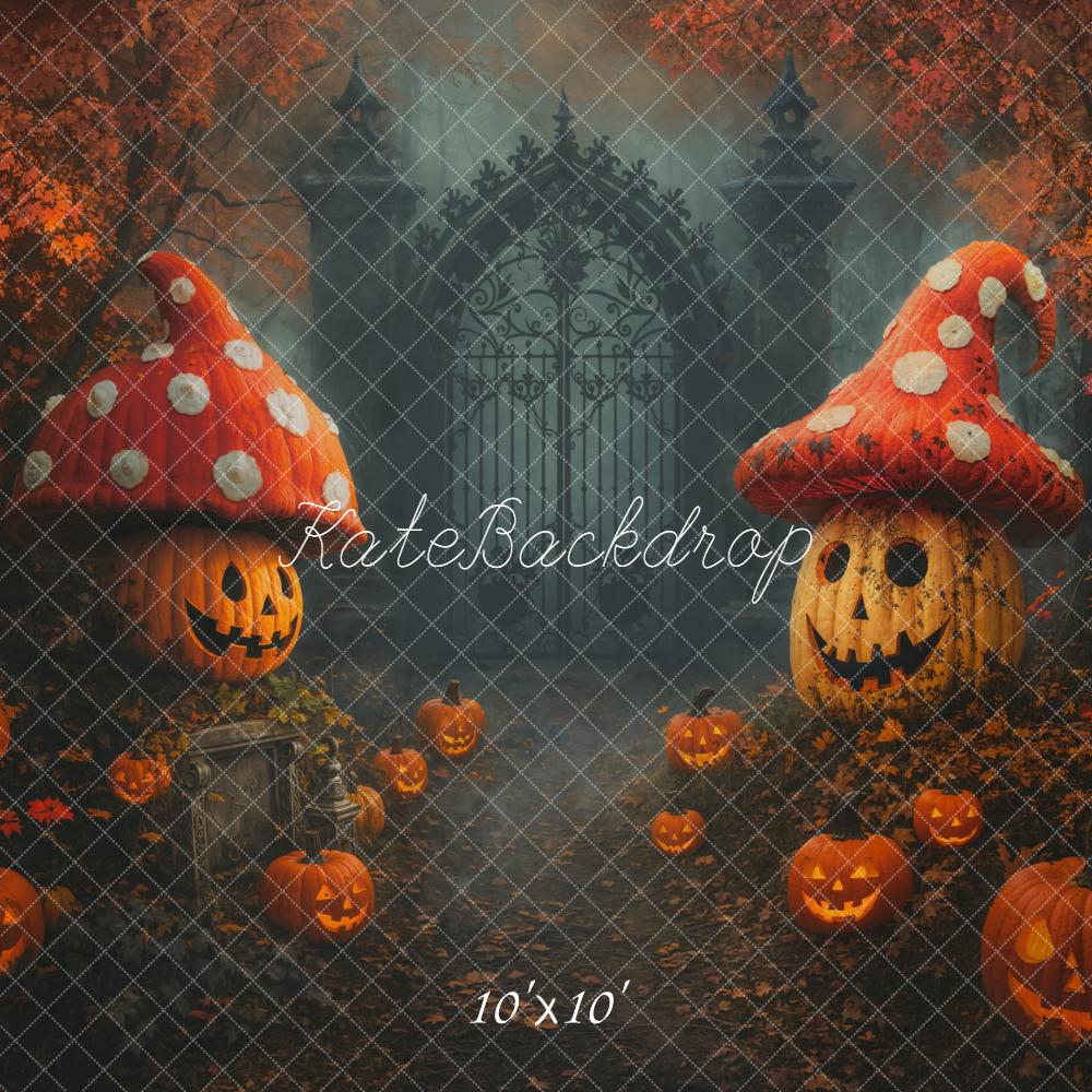 Kate Halloween Kürbis Pilzhäuser Tor Nebel Hintergrund Entworfen von Chain - Kate Backdrop.de