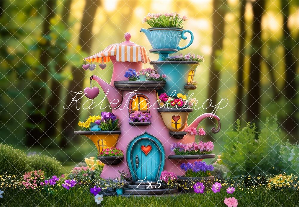 Kate Märchen Teekanne Blumenhaus Bunt Hintergrund Entworfen von Mini MakeBelieve