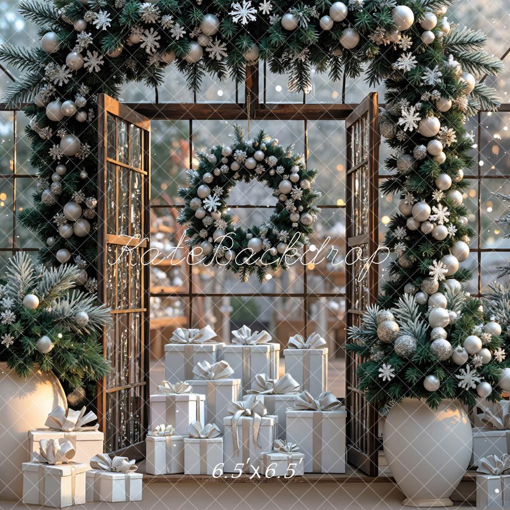 Kate Weihnachten Geschenke Tannenkranz Weiß Hintergrund Entworfen von Mini MakeBelieve - Kate Backdrop.de