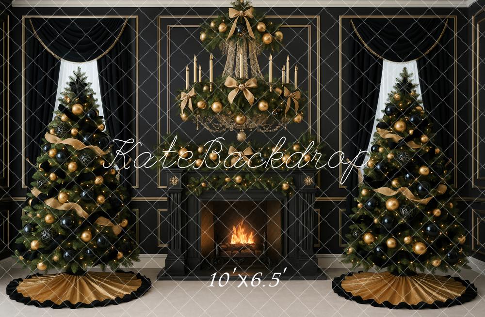 Kate Weihnachten Kamin Tannenbäume Schwarz Gold Hintergrund Entworfen von Ashley Paul - Kate Backdrop.de
