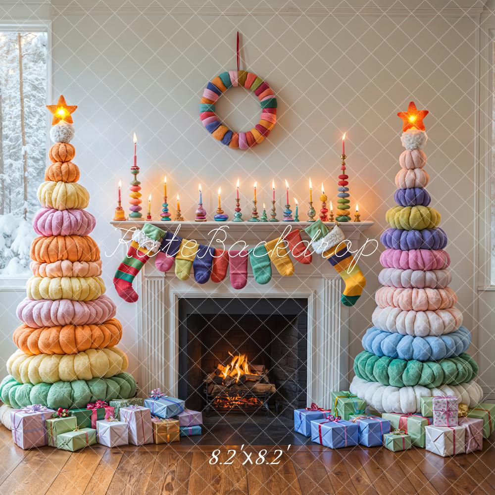 Kate Weihnachten Kamin Strickbäume Bunt Hintergrund Entworfen von Emetselch - Kate Backdrop.de