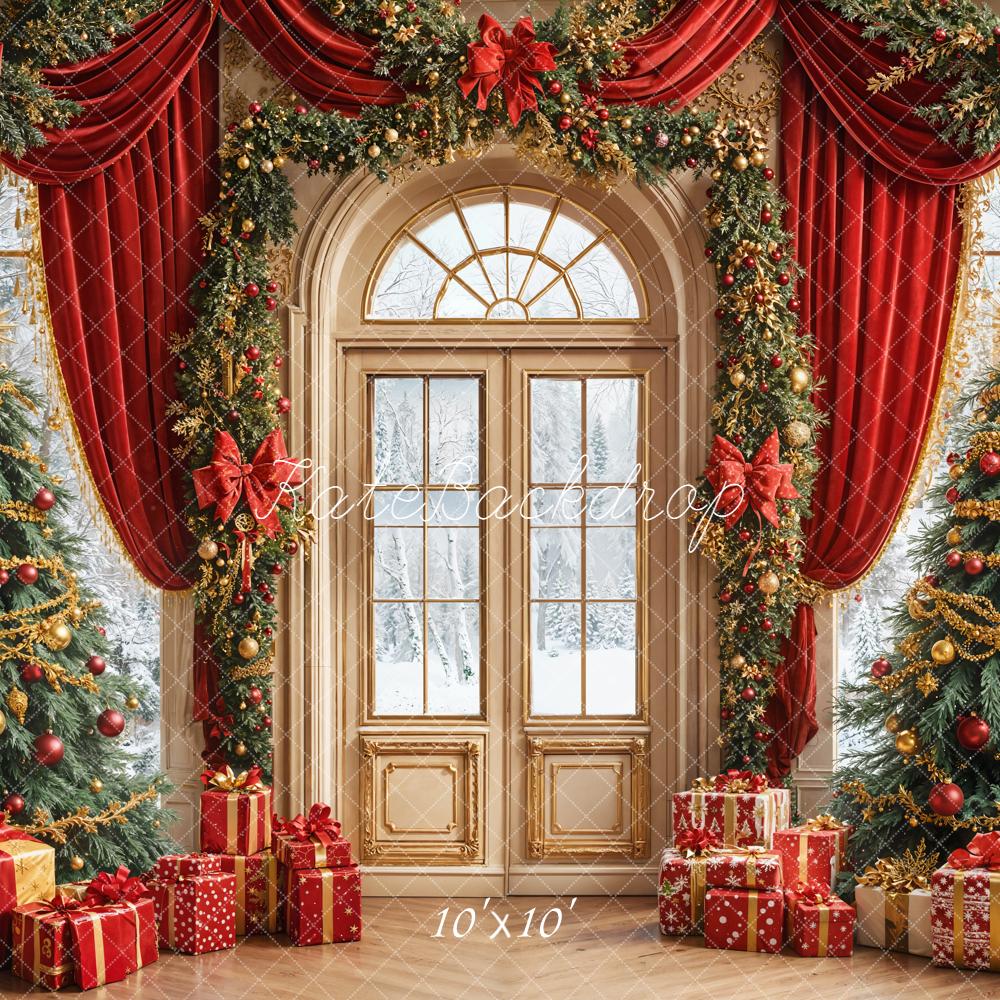 Kate Weihnachten Tannenbäume Geschenke Rot Hintergrund Entworfen von Emetselch - Kate Backdrop.de