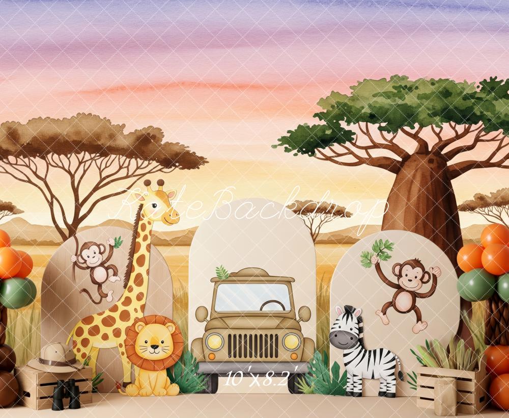 Kate Safari Tiere Jeep Sonnenuntergang Hintergrund Entworfen von Patty Roberts