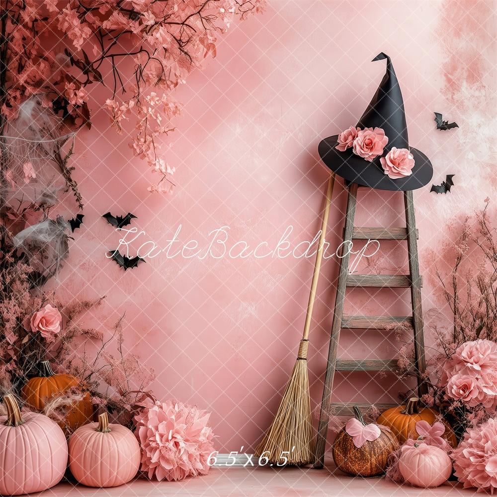 Kate Halloween Kürbis Hexenhut Blumen Rosa Hintergrund Entworfen von Patty Roberts - Kate Backdrop.de