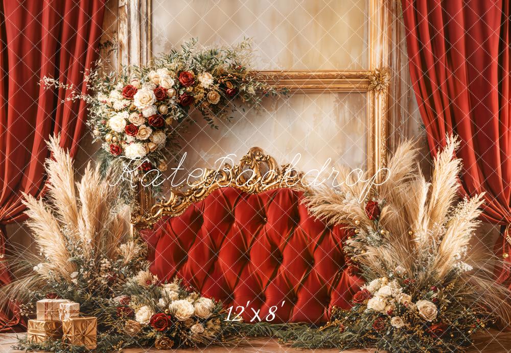Kate Weihnachten Rote Vorhänge Blumen Goldrahmen Fleece Hintergrund Entworfen von Emetselch - Kate Backdrop.de