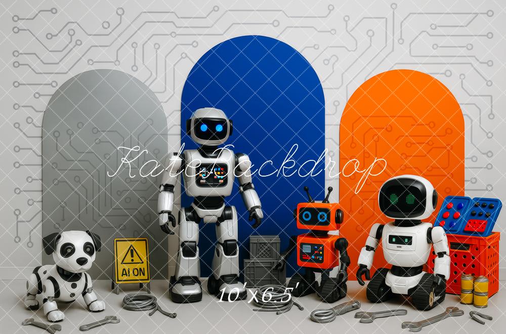 Kate Roboter Hund Werkzeuge Bunt Hintergrund Entworfen von Patty Roberts - Kate Backdrop.de