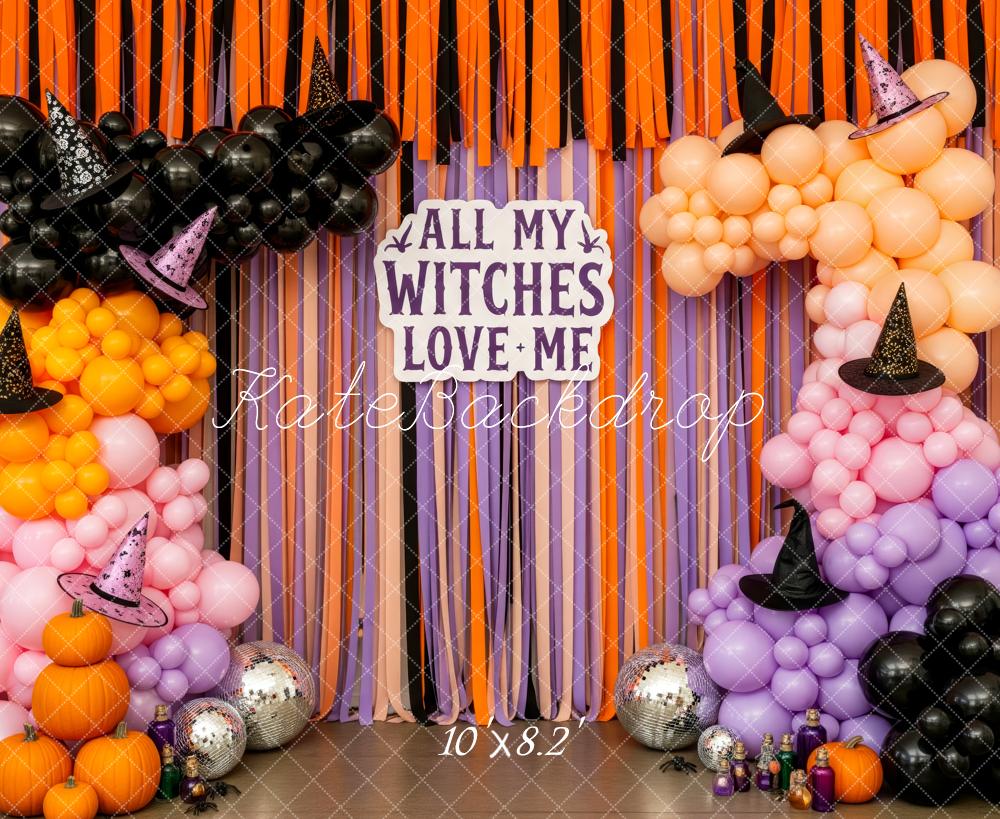 Kate Halloween Ballons Hexenhüte Orange Lila Hintergrund Entworfen von Patty Roberts