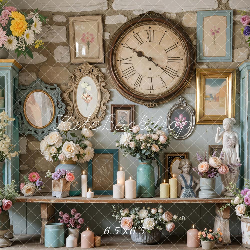 Kate Vintage Blumen Bücherregal Steinwand Hintergrund Entworfen von Mini MakeBelieve