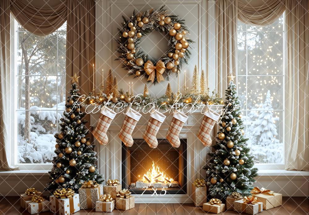Kate Weihnachten Kamin Weihnachtsbaum Gold Hintergrund Entworfen von Mini MakeBelieve - Kate Backdrop.de